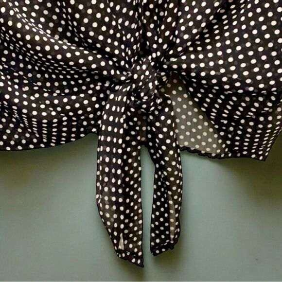 Zac & Rachel Vintage Y2K Top Black White Sheer Polka Dot Button Up Tab Sleeves S - Picture 7 of 16
